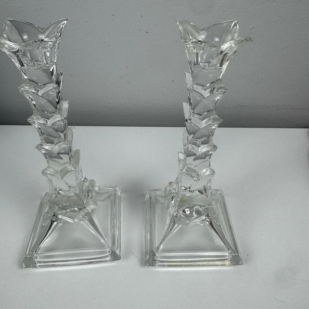 Vtg 1980s Crystal Clear Lead Crystal Candlesticks Pair USA Art Deco Style‎
